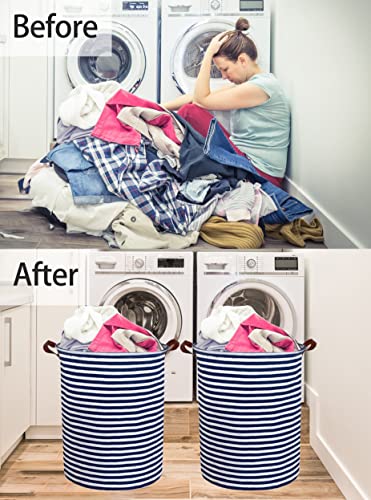 Image of ESSME 2pack Kids Laundry Hamper,Boys laundry basket,Collapsible Bule storage basket with Waterproof PE Coating,Canvas Fabric Nursery Hamper for Kids Room Decor,Toy storage,Gift,Baby Clothing.(2pack Navy Blue stripes)