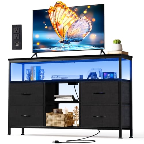 SageNest TV Stand Dresser for Bedroom, Entertainment Center for TV up to 50 inch with LED Lights & Charging Station, Media Console with 4 Fabric Drawers and Open Storage Shelves for Living Room, Black