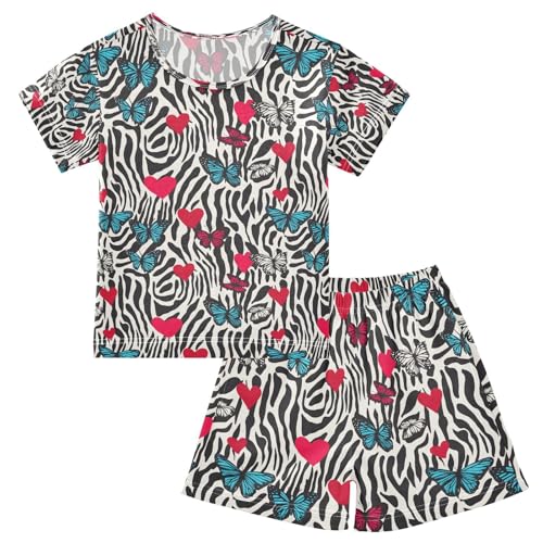 ALAZA Zebra Leopard Print Butterfly Pajamas Set Short Sleeve Cotton Sleepwear Summer Pjs 2 Piece 5-14Y