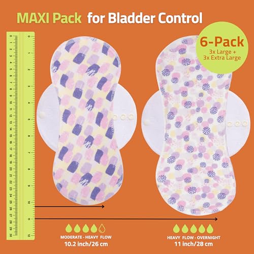 Image of Non-Slip, High Absorbency Reusable Period Pads for Heavy Flow (6 Pack L+XL) - Leak Proof & Odor Free Cotton Cloth Pads for Women - High-Temp Washable, Breathable & Skin-Safe for Menstrual Comfort