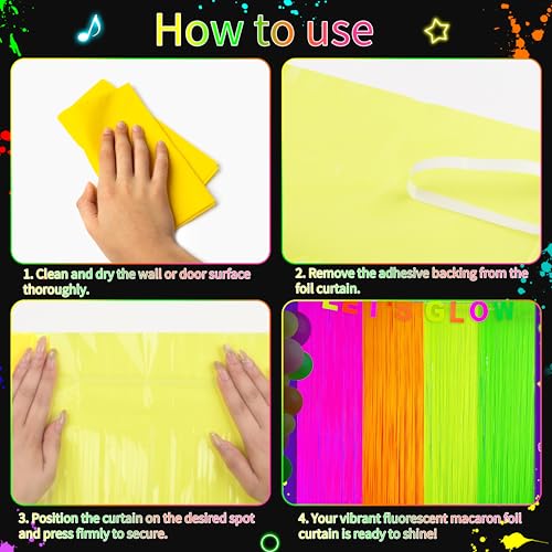 Image of Glow in The Dark Tinsel Curtains 4 Pack - Neon Party Decorations 3.3x6.6ft UV Reactive Fluorescent Macaron Backdrop for Neon, Pride, Birthday Decor, Double Colors & Quantity, Pre-Taped, Waterproof