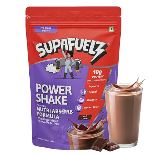 Image of Supafuelz Power Shake 8-12 yr kids | Height & Strength Drink | 10g Protein, 33 Nutrients, Probiotics & Ayurvedic Actives | Nutrition Support for Growth, Focus & Energy | Chocolate 400g | Safe Nutrition Drink For Kids