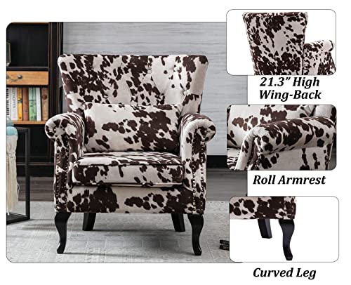 Dm Furniture Mid Century Accent Chair Modern Button Tufted Armchair Wingback Club Chair Velvet Single Sofa Lounge Chair With Pillow For Living Room Bedroom, Cowhide Print #TOP6