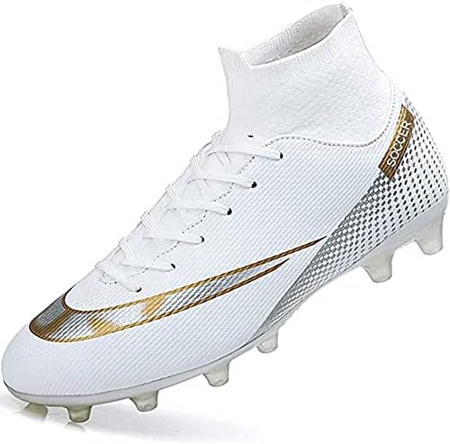 Men's Firm Ground Soccer Cleats Breathable High Top Lace-Up Outdoor Training Athletic Turf Football Shoes White EU 43 US 10