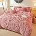 Besfunny Shaggy Fluffy Old Pink Comforter Cover Queen Set – Faux Fur Shaggy Old Pink Bedding 3-Piece Set (1 Duvet Cover + 2 Furry Pillow Shams) Cozy Bed Set