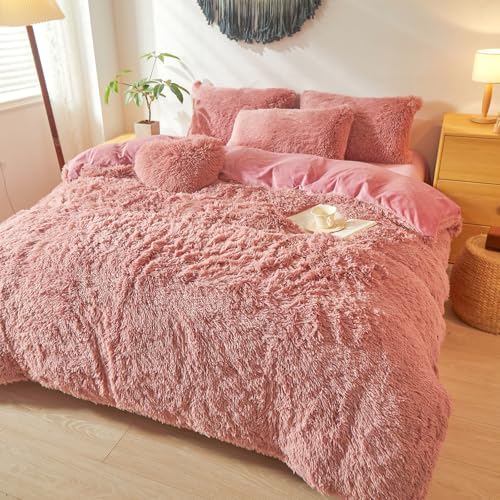 Shaggy Fluffy Old Pink Comforter Cover Queen Set – Faux Fur Shaggy Old Pink Bedding 3-Piece Set (1 Duvet Cover + 2 Furry Pillow Shams) Cozy Bed Set