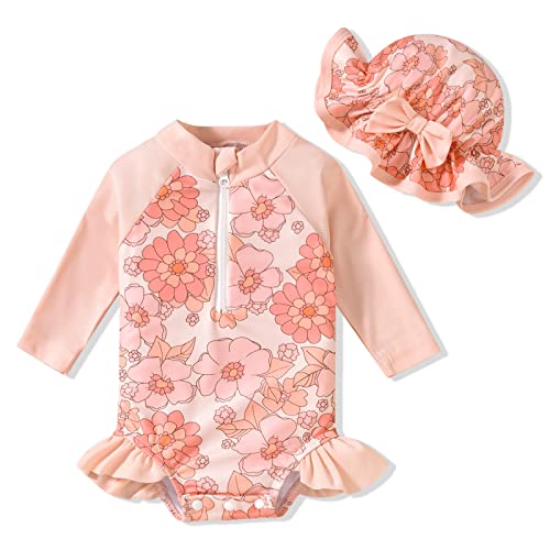 Image of Aalizzwell Baby Girls Long Sleeve One Piece Swimsuit with Hat