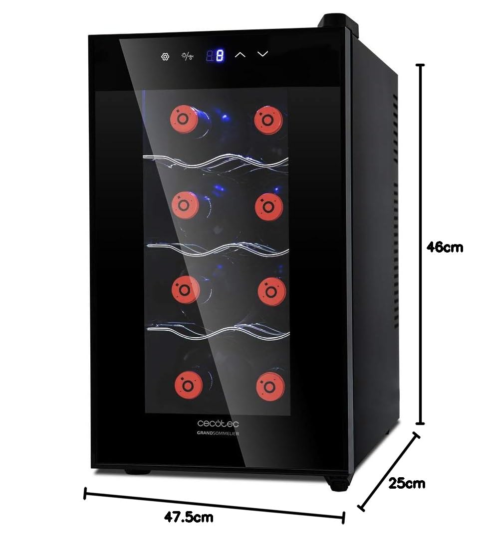 Cecotec Vinoteca Grand Sommelier 800 CoolCrystal. 8 Botellas, Capacidad de 25L, Puerta FullCrystal, Acabado de Espejo, Estantes en Acero Inoxidable, Panel táctil y Pantalla LED