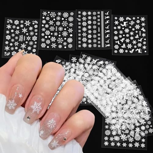 30 Sheets Christmas Nail Stickers White Christmas Nail Decals Santa Claus Reindeer Bell Snowflake Xmas Tree 3D Self Adhesive Design Winter Christmas Nail Art Stickers for Women Girls DIY Manicure