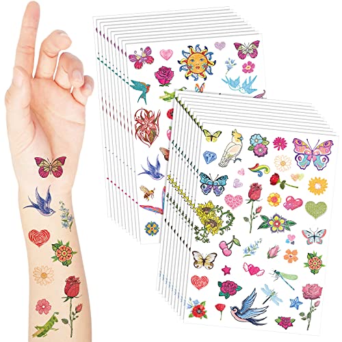 390 Pcs Glitter Butterfly Flower Temporary Tattoo For Girls Glitter Bird Fruit Tattoo Stickers For Kids Waterproof Fake Tattoos Summer Theme Costume Accessories For Birthday Party Favors #TOP7