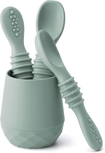 SAMiGO Utensilios de silicona para bebés – Cucharas de autoalimentación y pequeña taza de entrenamiento – Suministros de destete LED para bebés de