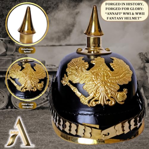 Image of AnNafi German Pickelhaube Spike Helmet, Leather Pickelhaube Imperial Prussian Helmet, Brass Military Officer Men's Costume, WWI & WWII Helmets Replica LARP Re-Enactment Party Cosplay Costumes