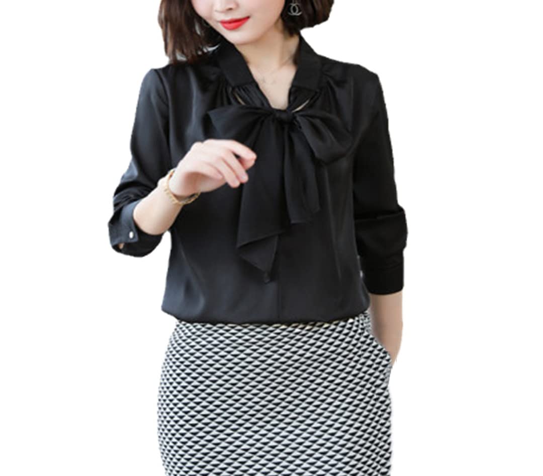 Blusas de satén de Manga Larga con Cuello en V para Mujer con Volantes de Lazo, Blusas de Seda Informales Sueltas, Camisas de Trabajo y Oficina