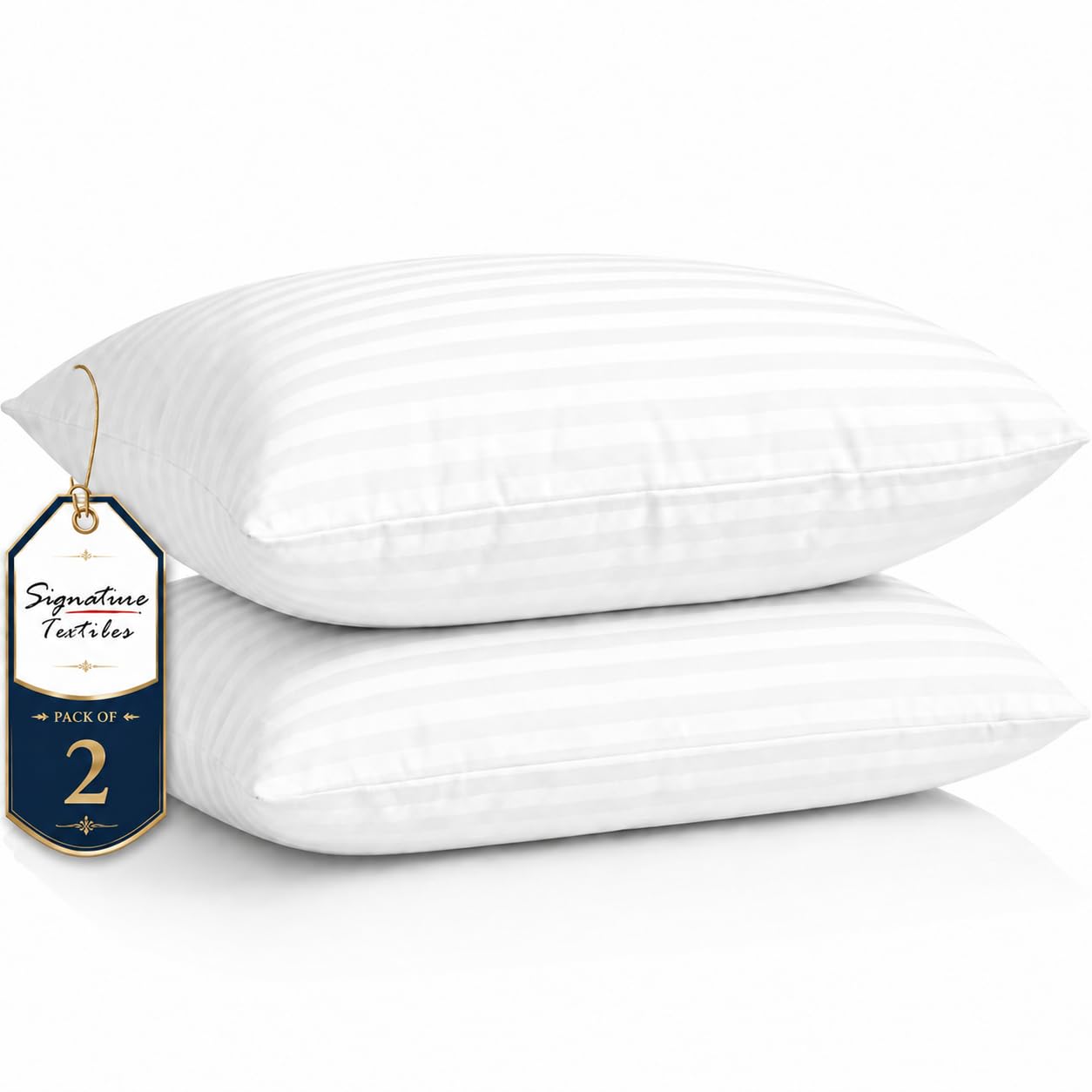 Hotel Quality Stripe Pillows 2 Pack – Soft Hollowfibre Filled Bed Pillows with Bounce Back Support, Hypoallergenic Hotel Style Pillows for Side, Back & Stomach Sleepers