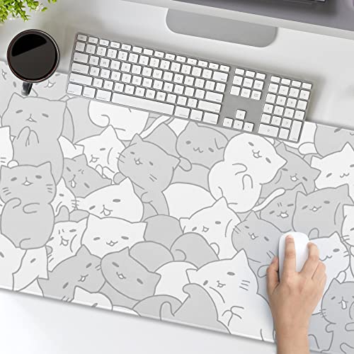 Image of Kawaii Cats White Gaming Mouse Pad XXL Cute Kittens Japanese Extended Big Large Desk Mat Non-Slip Rubber Base Stitched Edge Long Keyboard Mousepad for PC Computer Laptop, 35.4x15.7 Inches