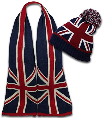 Image of No.1 Gifts [UK SELLER] Unisex Union Jack Bobble Beanie Hat & Full Fingered Gloves & Winter Scarf Sets (Scarf & Hat)
