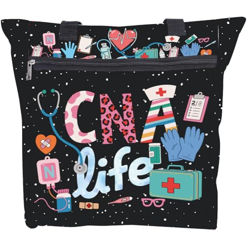PRESSINART CNA Life Tote Bag CNA Totes for Work Medical Elements Pattern with Word Cute Waterproof Polyester Rectangle Nurse Handbag with Pockets and Zipper for Birthday Gifts 14.96 x 14.57 x 5 Inch