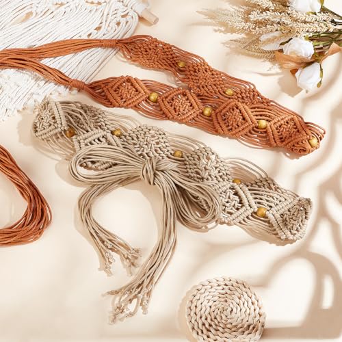 AHANDMAKER 2 Pcs Boho Braid Belts for Women Rope Braided Belts Fringe Belt Bohemian Woven Waist Belts for Dress, Khaki and Brown4
