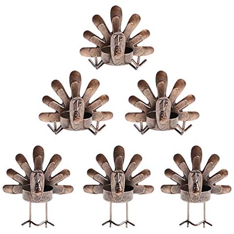 MorTime Turkey Tealight Candleholders, Thanksgiving Tabletop Sitting Standing Turkey Tea Light Candle Holders, Decorative Bronze Finished Metal Turkey Holders Set for Thanksgiving Decorations (6 pc) Cover