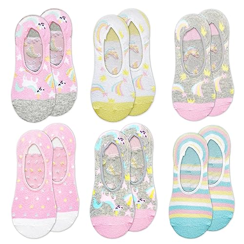 The Essentials Wardrobe Calcetines invisibles para niñas, paquete de 6 calcetines invisibles de algodón con diseño de unicornio oculto, Princesa/Unicornio, 4-6