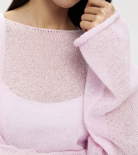 Image of Sweters for Women, Womens Sweater, O-Neck Solid Color See Through Pullover Jumper Shirt Beach