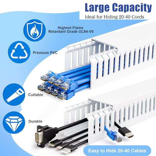 Image of 2 inch H x 2 inch W Cable Raceway, 66in Under Desk Wire Management Channel, White | Slotted Wire Duct, 4Pack, 16.5in Each, Heavy-Duty PVC Cable Management for Server Racks, Network Cables & Electrical Cabinets