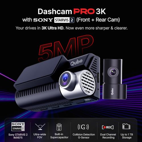 Image of Qubo Car Dashcam Pro 3K [2026 Edition] Sony STARVIS 2 IMX675 Sensor| Dual Channel | Hero Group | NightPulse Vision | 5MP UHD Front Wide, 2MP FHD Rear | 3.2 inch LCD| Built-in GPS, Wi-Fi, Mic|1TB Storage
