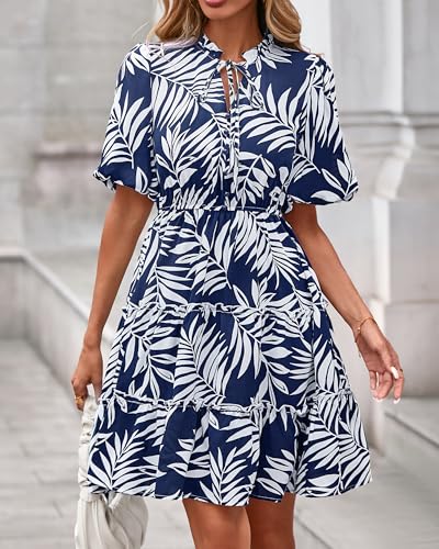 Image of BTFBM Women Summer Floral Short Dresses V Neck Short Sleeve Tiered Ruffle Boho Swing Dress A-Line Mini Dresses