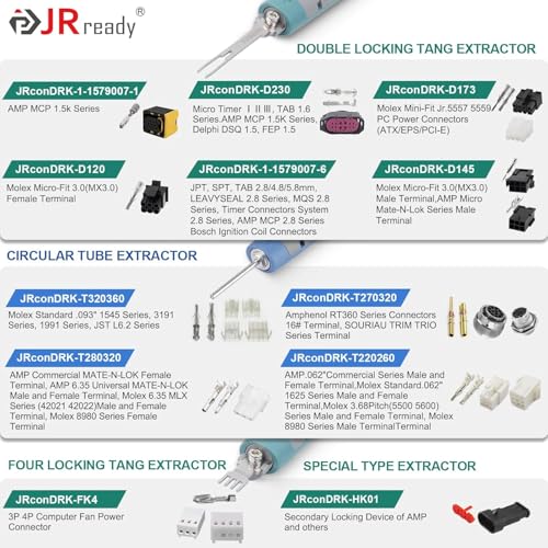 Image of JRready JRconDRK00B20-01 Replacement Tips kits for AMP TE Molex Delphi JST Harting 4P Computer Power Connector Pin Removal Tool Kit Depinning Tools for Automotive and Electronics Repair