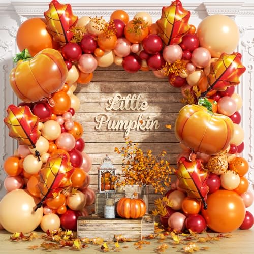 Image of Fall Balloon Arch Garland Kit 172pcs with Leafs Pumpkins, Thanksgiving Balloons Arch Orange Nude Burgundy Rose Gold Balloons Different Sizes for Little Pumpkin Birthday Baby Shower Decoration