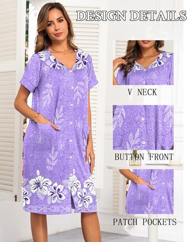 Image of Ekouaer House Dresses for Women with Pockets Button Down Nightgowns Plus Size Moo Moos Mumu Dresses Floral Print S-3XL