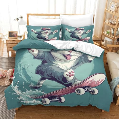 Parure de lit chat skateur 135x200cm avec housse de couette microfibre pour ado