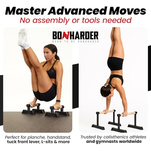 PRO Parallettes Bars for Calisthenics with Wooden Beech Handles | Wrist Support Wrap Included | Heavy-Duty Steel Base | Push-Up, L-Sit, Planche & Handstand Training Bars for Home, Outdoor & Gym Use - Image 4