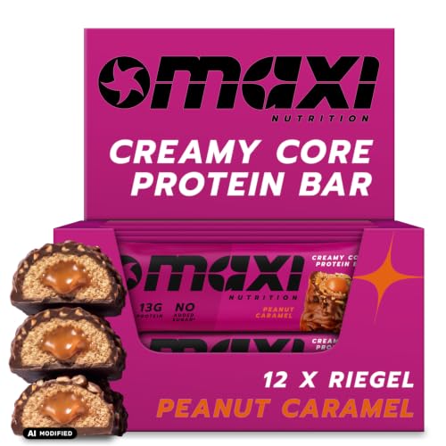 MaxiNutrition Creamy Core Bar Peanut Caramel, 12x45g Protein-Riegel, 32% Eiweiß, 15g je Riegel, low Sugar (1,4g), ohne Zuckerzusatz, ohne künstliche Aromen