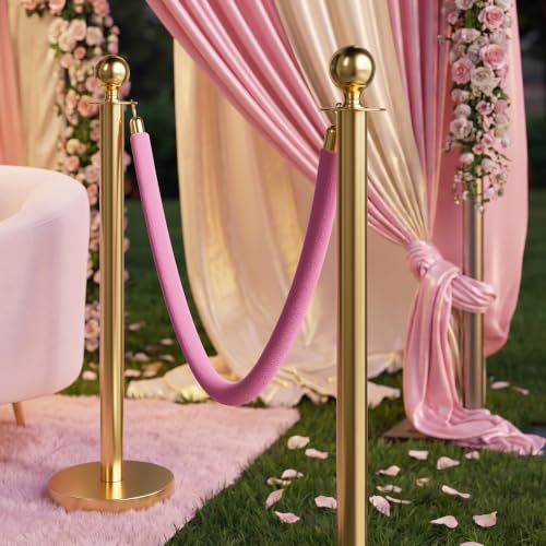 Image of 4PCS Pink Velvet Stanchion Ropes 5 Ft Crowd Control Ropes Barrier with Gold Hooks for Party Supplies,Photobooth Accessories, Prom,Birthday,Business,Wedding, Museums