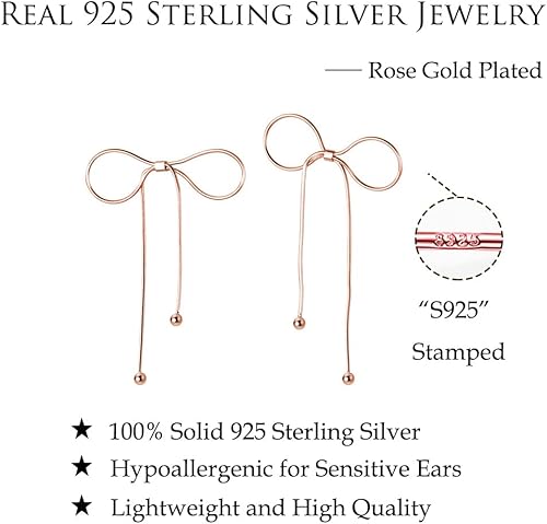 Miniatura 7 de Reffeer Solid 925 Sterling Silver Bow Drop Earrings Dangle for Women Teens Bowknot Dangle Earrings Studs