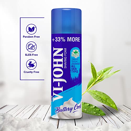 Image of VI- JOHN Shaving Foam For Men, All Skin Type Shaving Foam With Goodness of Nature, Tea Tree Oil, Vitamin E Enriched and Anti- Bacterial Formula (200gm- Pack of 1)