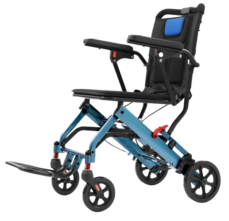 Lightweight Folding Wheelchair for Adults Seniors, Portable Transport Wheelchair with Locking Handbrake, Removable Armrests &amp; Footrests, 220 LBS Capacity for Travel and Hospital Use,Black-Blue