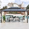 YOLENY 10'x13' Hardtop Gazebo, Outdoor Polycarbonate Double Roof Canopy, Aluminum Frame Permanent Pavilion with Curtains and Netting, Sunshade for Garden, Patio, Lawns