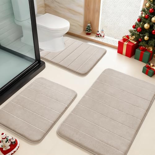 Yimobra Memory Foam Bath Mat Set 3 Pieces- Super Soft Absorbent Quick Dry Bathroom Rug Sets, Machine Washable Non Slip Floor Carpet for Tub Shower, Vanity & Toilet Base, Beige