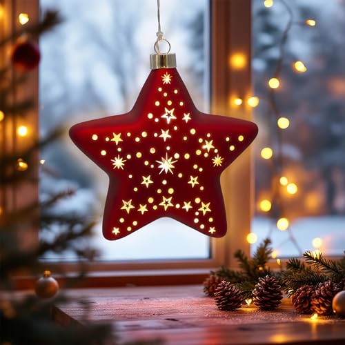 Glas Weihnachtsstern rot zum Hängen mit 10 LED beleuchtet - 15 cm -...