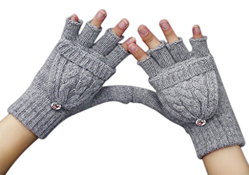 Women Ladies Girls Winter Chunky Wool Crochet Convertible Gloves Warm Half Finger Mittens