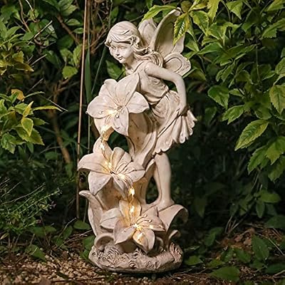 Ovewios Angel Garden Statue Outdoor, Solar Powered Resin Garden Sculptures Fairy Angel Statues Waterproof LED Lights Yard Art Decorations for Outside Patio Lawn Ornament Gardening Gifts