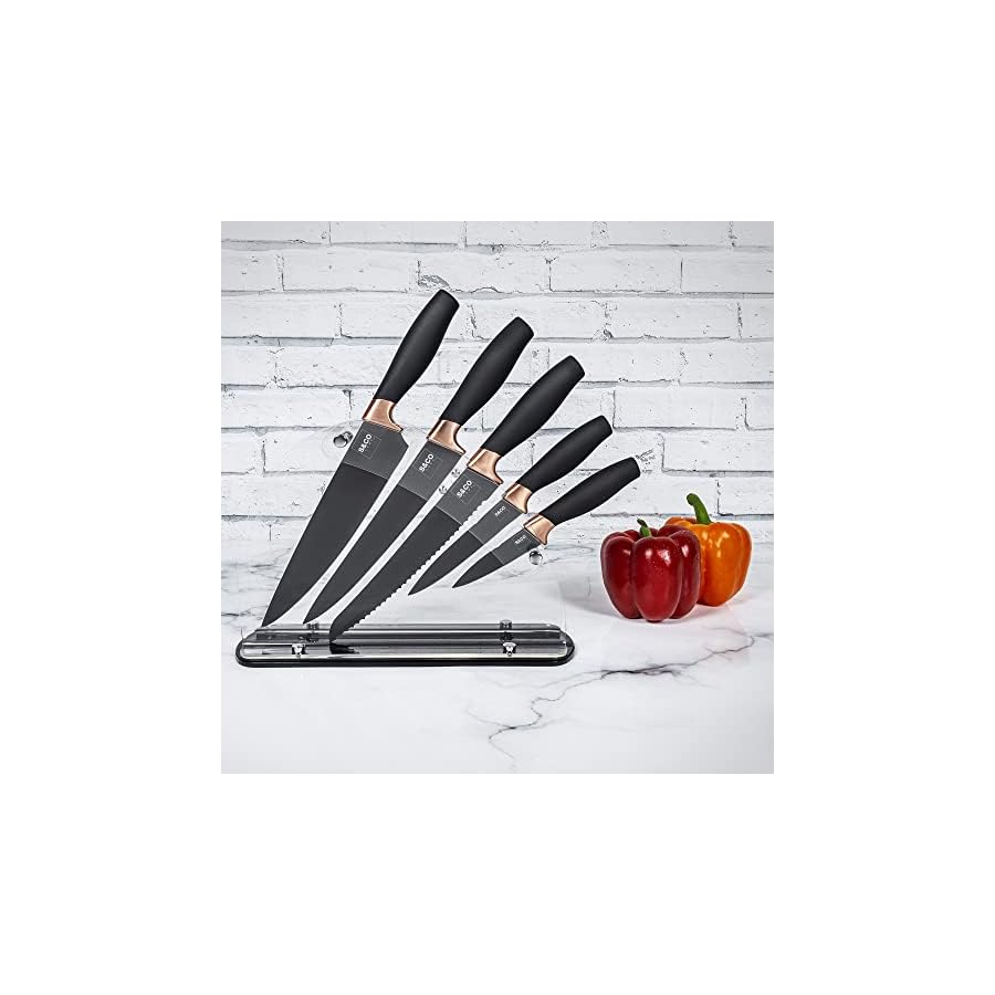 S-Co-6-Pcs-Kitchen-Knife-Set-with-Acrylic-Block-Super-Sharp-Steel-Knives-with-Non-Stick-Coating-Chef-Bread-Carving-Utility-Paring-Knives-Stylish-Cooking-Tools-with-Black-Rose-Gold-Handle S & Co. 6 Pcs Kitchen Knife Set with Acrylic Block - Super-Sharp Steel Knives with Non-Stick Coating - Chef, Bread, Carving, Utility, Paring Knives - Stylish Cooking Tools with Black, Rose Gold Handle