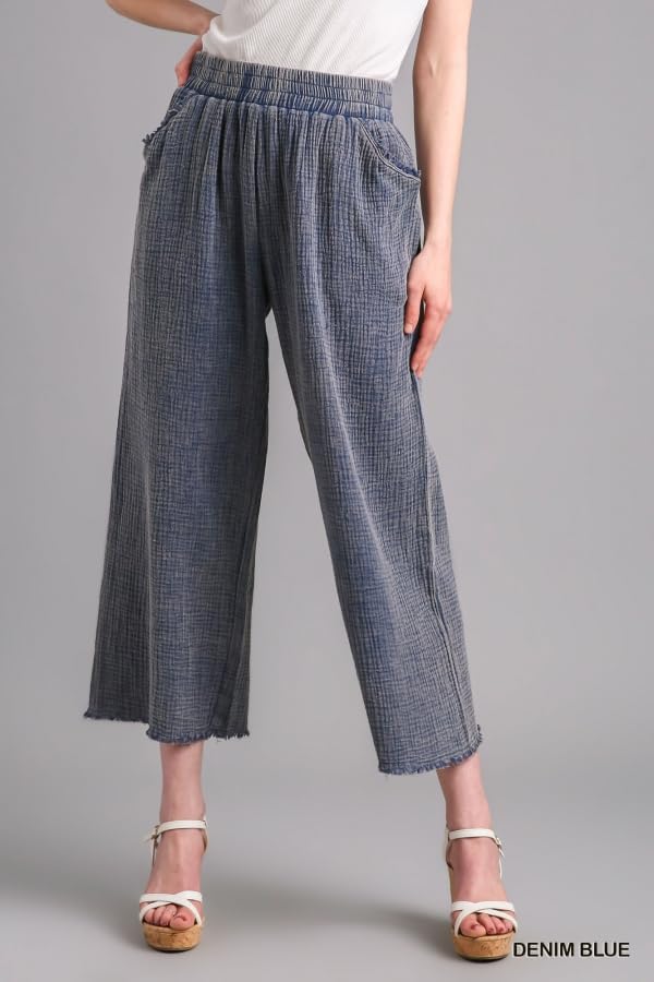 Umgee Mineral Wash Elastic Waistband Pants with Side Pockets & Unfinished Frayed Hem Detail2