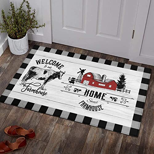 Ideasonna Farmhouse Kitchen Rugs Sets Of 2 Buffalo Plaid Black And White Rooster Cow Kitchen Rug Washable Non-Slip Kitchen Mats For Floor 2 Piece Farmhouse Kitchen Decor #TOP6