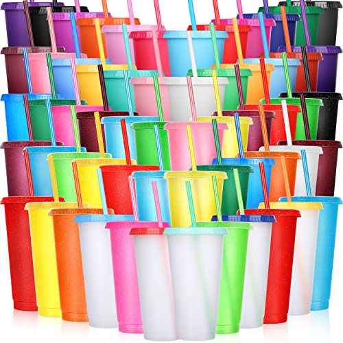 Honeydak 60 Pack Plastic Tumbler with Straw and Lid Bulk, Shiny Color