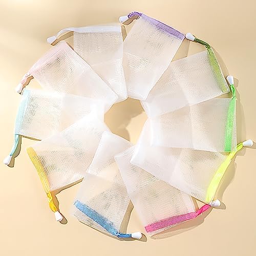 10 PCS Exfoliating Mesh Soap Pouch Double Layer Thicken Foam Net Soap Saver Sack Drawstring Holder Bags Bubble Mesh Bags (Multicolor)