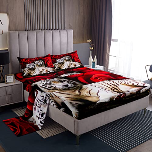 White Tiger Bed Sheets Set Red Rose Sheet Set Wild Animal Big Cat Sheets Queen Size, Wild Safari Theme Woodland Wildlife Flat Fitted Sheet African Safari Animals Bed Set Boho Floral Bohemian Decor #TOP16