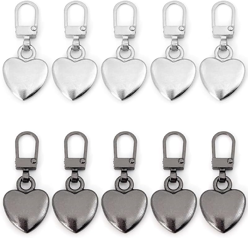 10pcs Zipper Pull Replacements, Easy Installation, Durable Metal Sliders - Ideal for Luggage, Jackets & More - Silvery Heart Shaped